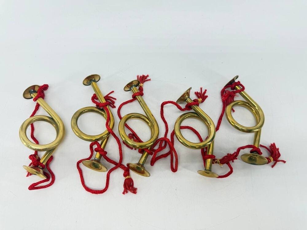 Gold Tone Metal Miniature Bugle Horn Christmas Ornaments Red Hanging Cords